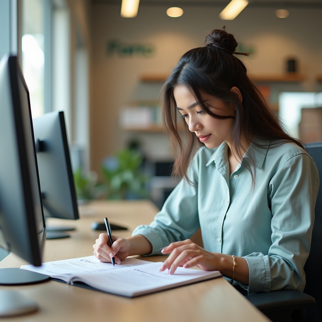 Новый сотрудник филиала изучает операционную инструкцию за рабочим столом
